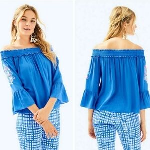 Lilly Pulitzer Moira Off Shoulder Top Bell Sleeves Flowy Blue Size XS